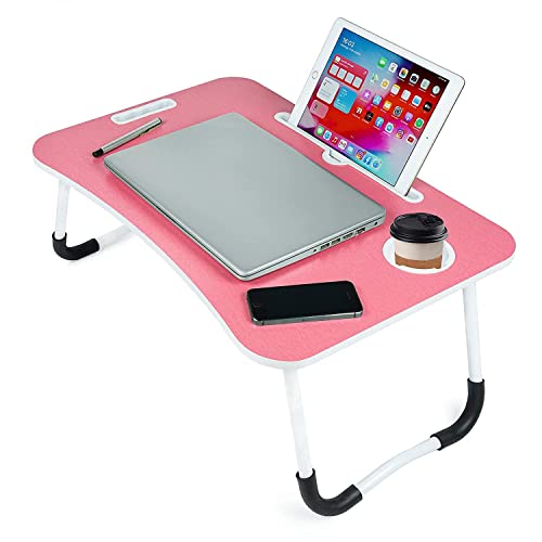 AUNO Stylish Multi-Purpose Portable Laptop Table, Foldable Wooden Desk for Bed Tray, Laptop Table, Study Table with Mug Holder, Ergonomic, Non-Slip Legs, Breakfast in Bed Table (Pink)