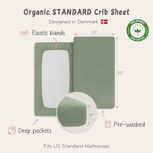 Image of Crib Sheets - Organic Cotton Muslin Fitted Crib Sheet - Standard Size for Baby Boys 28 inch x 52 inch Ultra-Soft and Breathable. 2-Pack (Fog /Roman Green)