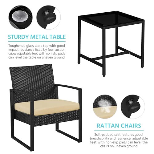 Yaheetech 3 Pieces Rattan Bistro Set, Indoor/Outdoor Wicker Patio Modern Conversation Furniture, 2 Chairs & Tempered Glass Coffee Table for Garden, Balcony, Backyard, Poolside, Black/Khaki - Image 7