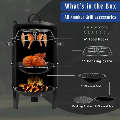 3-in-1 Vertical Charcoal Smoker Grills For Backyard Barbecues, 17 Inch Portable Smoker bbq Grill with Thermometers and 2 Access Doors for Parties Outdoor Camping Cooking (17 Inch)
