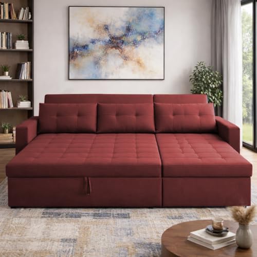 Image of Emilio 4 Seater LHS L - Shape Pull-Out Sofa Cum Bed Sofa for Living Room (Maroon Fabric Color) Premium Fabric Sofa Set for Living Room Sofa Cum Bed