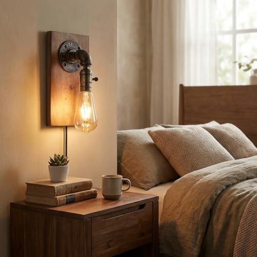 Aplique de pared de diseño nórdico industrial en madera noble y metal texturizado