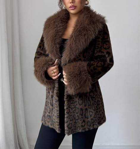 Women's Leopard Print Fluffy Faux Fur Coat Winter Shaggy Open Front Casual Oversized Lapel Jacket Warm Outerwear2