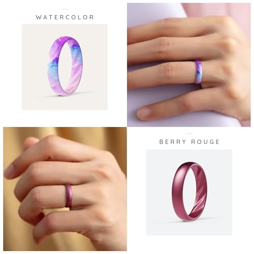 ThunderFit Silicone Rings for Her, Elegant Wavy Grooves, 4mm Wide, 1.6mm Thick, Breathable, Women's Wedding Rubber Engagement Rings, 8-Pack4