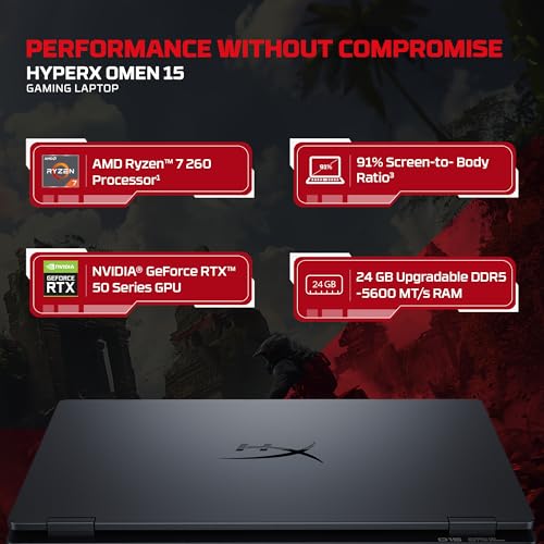 Image of HP Smartchoice HyperX OMEN 15, AMD Ryzen 7 260, 8GB-RTX 5050, 24GB DDR5 (Upgradeable), 1TB SSD, 180Hz, 2.5K, 500 nits, 3ms RT, 15.3'' /38.9cm, Win11, Office24, Black, 2.42kg, gb0038AX, AI Gaming Laptop