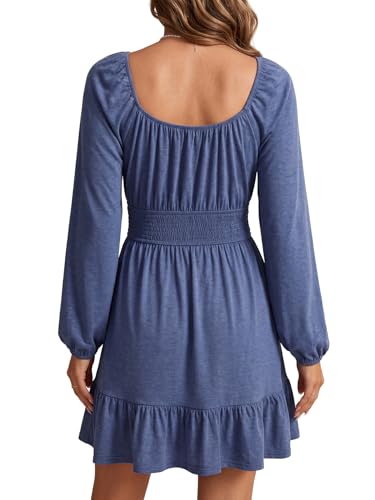 Image of Vrtige Women's Square Neck Long Sleeve Shirred Waist A Line Ruffle Hem Casual Party Mini Dress