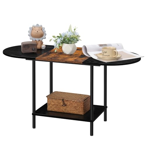 Shinoske Mesa de Centro Ovalada, Mesa de Café de Madera, Mesa Auxiliar Mesa Baja Sofá con Estante para Salon, 90 x 40 x 47cm, Marrón y Negro