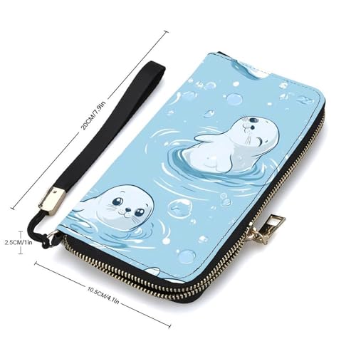 Cute Seals Pattern Women's Leather Clutch Wallet with Zip Card Holder Hand Strap Large Capacity2