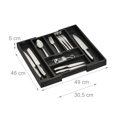 Bac à couverts extensible noir Relaxdays : range-couverts en bambou 5-7 compartiments - 3