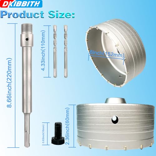 Image of 6 inch Concrete Hole Saw, 152mm Tungsten Steel Core Bit for Cinder Block, Brick, Rock, Plank Walls for Pipes or mini Split Lines, with SDS Plus Shank and 2 Center Positioning Drill Bits.