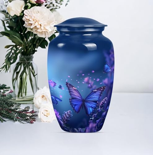 Image of Blue Butterfly Urn for Ashes - Large 10 Inch Cremation Urns for Human Ashes Adult Male Female - Decorative Funeral Urn for Women - Blue Urns for Adult Human Mom - Ash Holders (Size:- 10 Inch 1 Pc)