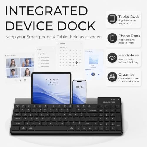 Image of Amkette Optimus 2 Multi-Device Wireless Keyboard /Bluetooth Keyboard, Connect 4 Devices, Professional Grade-Low-Profile Keys, Rechargeable USB-C, Built-in Device Dock, Windows /macOS /Android /iOS