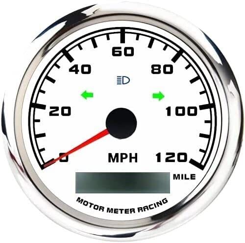MOTOR METER RACING W Pro 85mm 3-3/8" GPS Speedometer with Turn Signal High Beam 120 MPH White Dial Red LED Digital Odometer Waterproof for Car Truck Motorcycle Harley Marine Boat Yacht