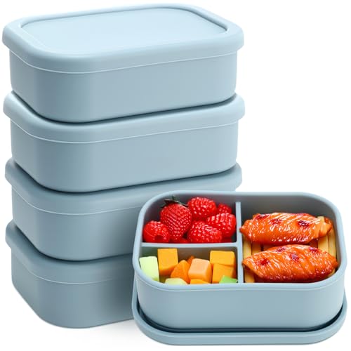 Image of Honeydak 4 Pcs Silicone Bento Box, 3 Compartment Lunch Food Container for Women Men, Leak Proof Microwave Easy to Clean Dishwasher Freezer Safe (Blue)