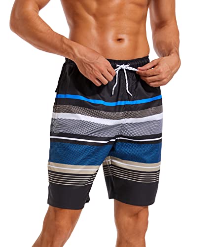 Difficort Mens Swim Trunks With Compression Liner Quick Dry Bathing Suits Shorts With Zipper Pockets,Black & Blue & White Stripe,Large #TOP1