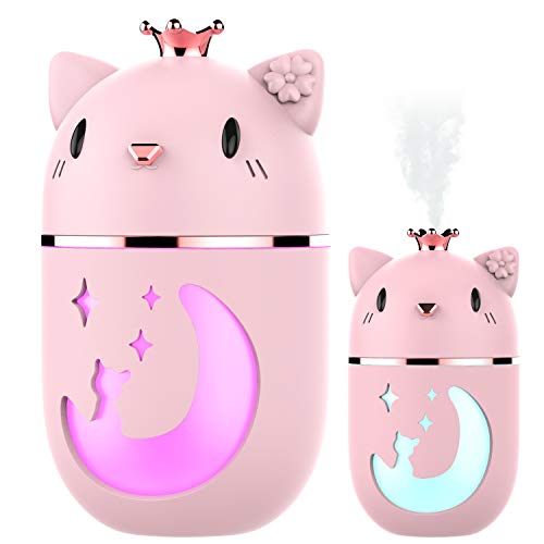 Cool Mist Humidifier with Adjustable Mist Mode-350ml Water Tank Lasts Up to 10 Hours, 7 Color LED Lights Changing, Night Light Room Humidifier for Bedroom Office Desk,Car,Travel (Pink)