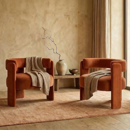 KEIKI Velvet Accent Chair Set of 2, Mid Century Modern Round Barrel Dining Chairs, Unique Corner Reading Armchair w/Wooden Legs, Upholstered Side Sofa Chair for Living Room, Easy Assembly, Orange by KEIKI - Used condition - Image 4