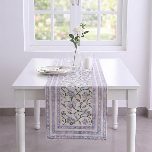 Image of Ravaiyaa - Attitude is everything Cotton Hand Block Printed Table Runner Bed Runner Table Decor (White Floral)