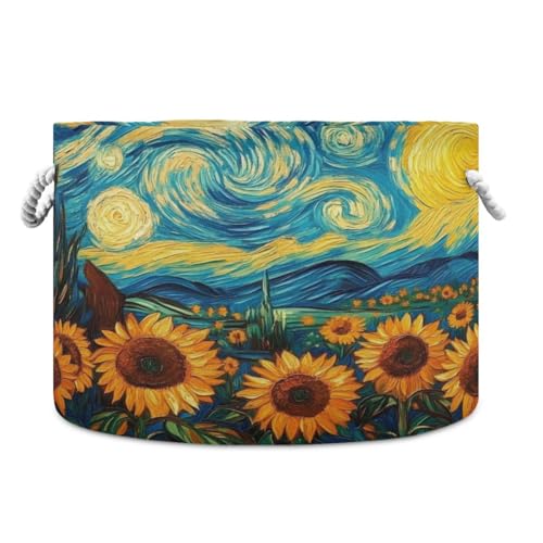 Round Storage Basket Sunflowers Starry Sky Painting Open Home Storage Bin 20 * 13.9in