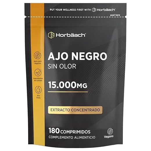 Ajo Negro 15.000mg | 180 Comprimidos Veganos | Sin Olor ni Sabor | Extracto de Ajo Negro | Fuente Natural de Vitaminas, Antioxidantes y Flavonoides | Horbaach