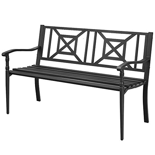 Dortala Patio Garden Bench, Heavy-Duty Park Bench W/Powder Coated Steel Frame, Elegant Loveseat W/Decorative Backrest & Ergonomic Armrest For Outdoorlawn, Porch, Path, Black #TOP27