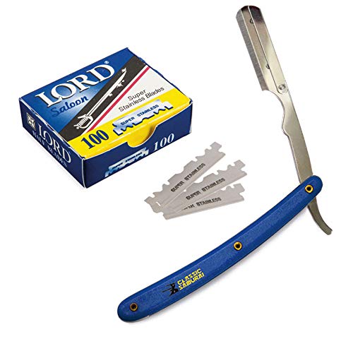 Classic Samurai Stainless Steel Professional Barber Straight Edge Razor with 100 Lord Count Single Edge Razor Blades (Blue)