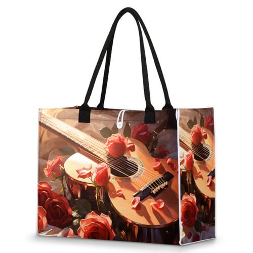 Guitar Roses Tote Bag for Women Large Beach Bag Reusable Tote Bags for Work Travel Beach Shopping