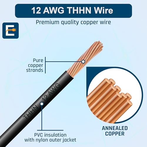 Image of THHN Wire 12 Gauge (12 AWG) 50 FT - Stranded Copper Building Wire for Panel /Control Wiring, Grounding & Lighting Circuits (Residential /Industrial), UL Listed, 600V, THWN-2, PVC /Nylon Jacket, Black