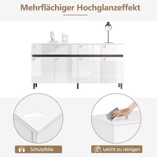 High Gloss Sideboard Storage Cabinet Cupboard Unit 4 Doors 4 Drawers Adjustable Shelf Buffet for Dining Room Living Room Kitchen - Image 3