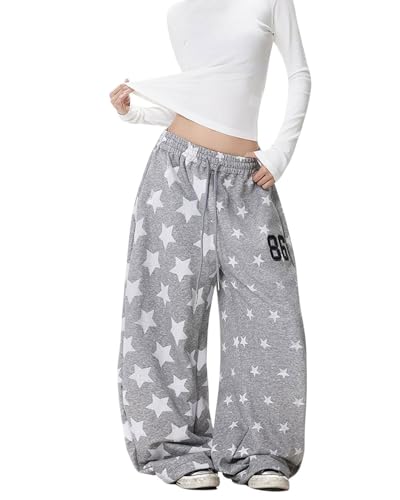 Pantalon Jogger Y2K Streetwear Baggy Gris pour Femmes Broderie Étoile Taille Élastique Cordon Hip Hop Street