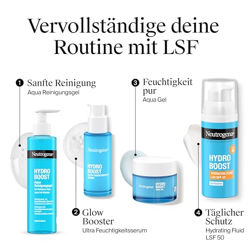 Neutrogena Hydro Boost Aqua Fluid LSF 50 50 ml, parfümfreie Tagescreme mit LSF 50, leichte Gesichtspflege mit Hyaluronsäure, Vitamin B5 und Niacinamid für intensive Feuchtigkeit
