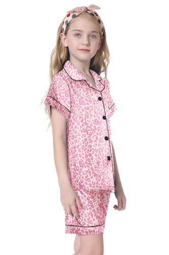 Image of Umeyda Women & Girls Pajamas Set, Soft Satin Lightweight Silk Button-Down Top with Shorts 2 Piece PJS for Mom Boys Kids Gifts