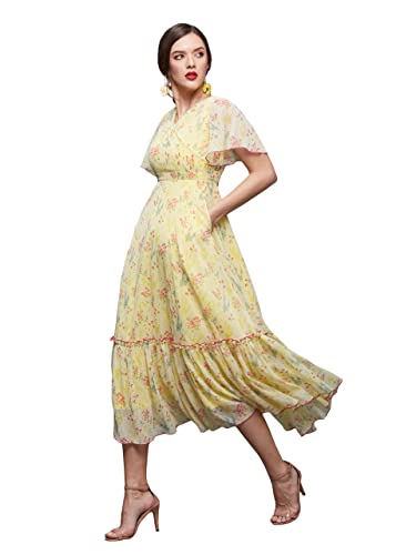 Image of Miss Chase Women's Floral V-Neck Flutter Sleeve Wrap Chiffon Maxi Dress