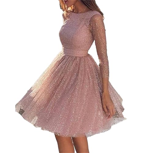 OULIWANGLUO Damen Lang ÄrmelnTüll Kurze Abendkleid Falten Hochzeit Cocktailkleid Sexy Elegant Partykleid Kleid (Rosa,S)