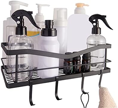 Shower Caddy Shelf Basket with 4 Hooks and 2 Powerful Adhesive Hooks,Metal Rack Wall Mounted Storage Organizer No Drilling for Bathroom Kitchen Toilet
