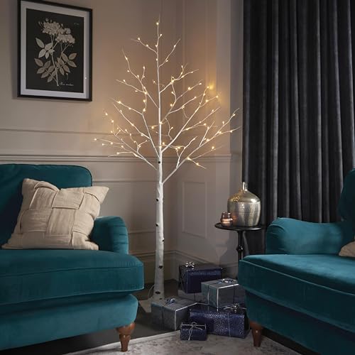 Celebright Albero di Natale pre-illuminato, 1,8 m, betulla bianca con 96 luci LED bianco caldo, rami pieghevoli, cavo da 5 m, per interni ed esterni, con picchetti per la sicurezza esterna