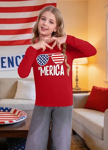 Image of Ithalt 4th of July Outfit Kids Girls American T Shirt USA T-Shirt Fourth of July Tops Patriotic Long Sleeve Tops