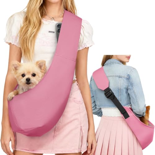 YUDODO Adjustable Dog Sling Carrier for Small Dogs Lightweight Crossbody Pet Bag with Safety Strap Pocket Storage Machine Washable Comfortable Travel & Outdoor Sling up to 10 lbs Pink Fashion