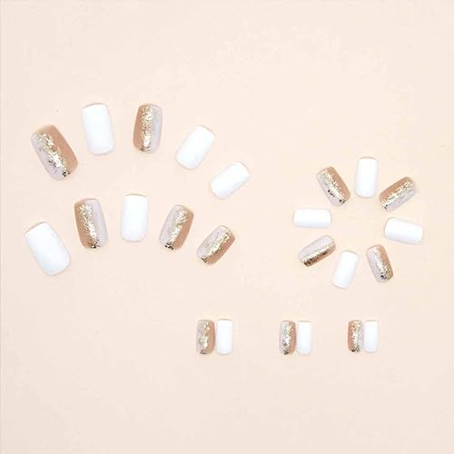 Miniatura 3 de Uñas postizas blancas a presión medianas, uñas acrílicas cuadradas nude, uñas acrílicas artificiales brillantes con lentejuelas