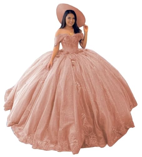 Mouccy Gorgeous Beaded Floral Quinceanera Dresses 2023 Off Shoulder Lace Prom Gowns Puffy Sweet 16 Dresses with Train XXF051