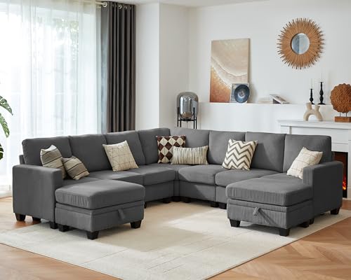 Image of CHIC HOUSE Modular Corner Sectional Sofa with Storage Ottoman, Corduroy L-Shaped Couch, Compact Small Space Furniture for Living Room & Apartment, (Dark Grey, 9 Seater L-Shaped)