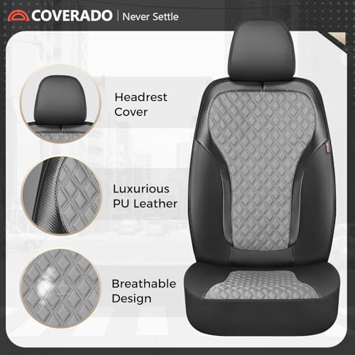 Image of Coverado Car Seat Covers for Front Seats, Luxury Leather Car Seat Cover with Carbon Fiber Weave, Waterproof Automotive Seat Protectors 2-Pack, Driver Seat Covers Universal Fit Most Cars, Black&Gray