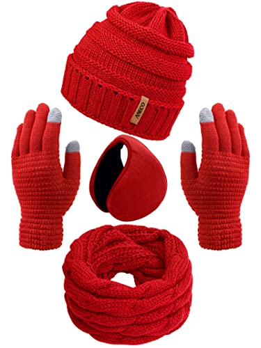 Aneco Ensemble chaud d'hiver en tricot écharpe, bonnet, gants tactiles et cache-oreilles d'hiver pour homme ou femme, Rouge, taille unique Cover