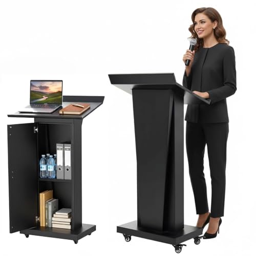 GARVIN Metal Podium Stand with Wheels, 50.4"Heavy-Duty Mobile Metal Lectern with Storage Cabinets, Portable Pulpit for Church, School, Office and Conference (Black-03)