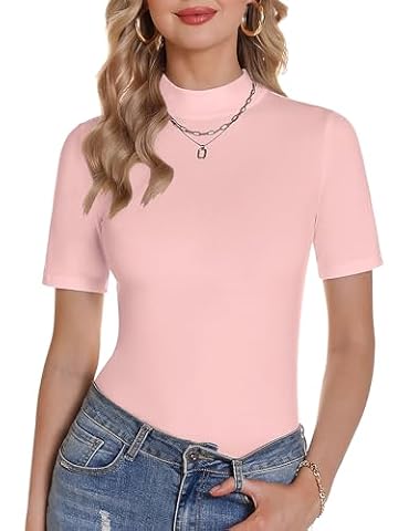 Totatuit Damska koszulka ze stójką, elegancka koszulka z rękawem 1/2 z elastycznym golfem, basic, top, bluzka, koszulka, Rosa, XXL