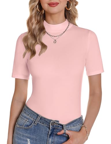 Totatuit Damska koszulka ze stójką, elegancka koszulka z rękawem 1/2 z elastycznym golfem, basic, top, bluzka, koszulka, Rosa, XXL