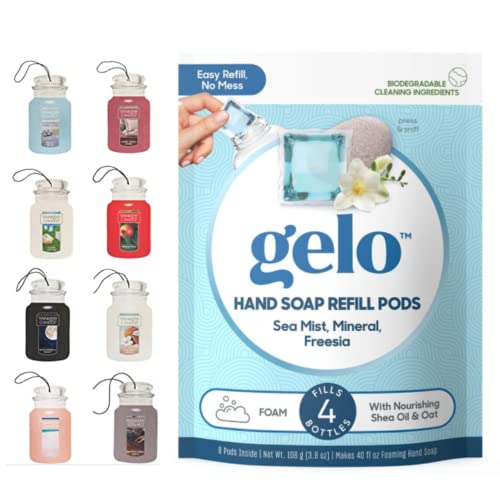Gelo Refill Plant Based Essential Oil Hand Liquid Soap (10 oz.) Choose From: Bottle, Refill Pods or Both (Sea Mist, Mineral & Freesia, Pods Only) + 1 Complimentary Assorted Car Jar