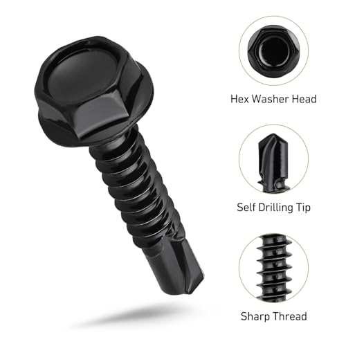 SVLING #10 Black Self Tapping Screws Assortment Kit 121PCS, Stainless Steel 410 Self Drilling Screws for Metal, 5/8" 3/4" 1" 1-1/2", Hex Washer Head Sheet Metal Screw by SVLING - Used condition - Image 2