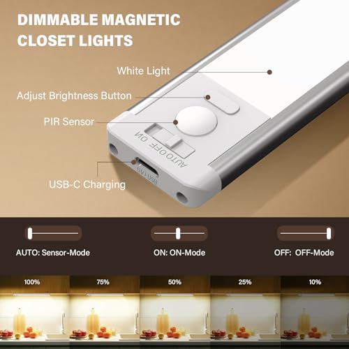Bilonly Schrankbeleuchtung LED mit Bewegungsmelder - 1800mAh Unterbauleuchte Küche Licht Aufladbar mit Sensor, 25cm 40LEDs Unterbauleuchte für Kleiderschrank, Treppe - Dimmbar & USB | 2 Stück