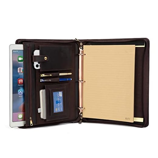 Professional Leather Business Padfolio Portfolio Case, 3 Ring Binder,Zippered Business Document Organizer Tablet Holder Folder Case,with Letter Size Notepad (Dark Brown)
